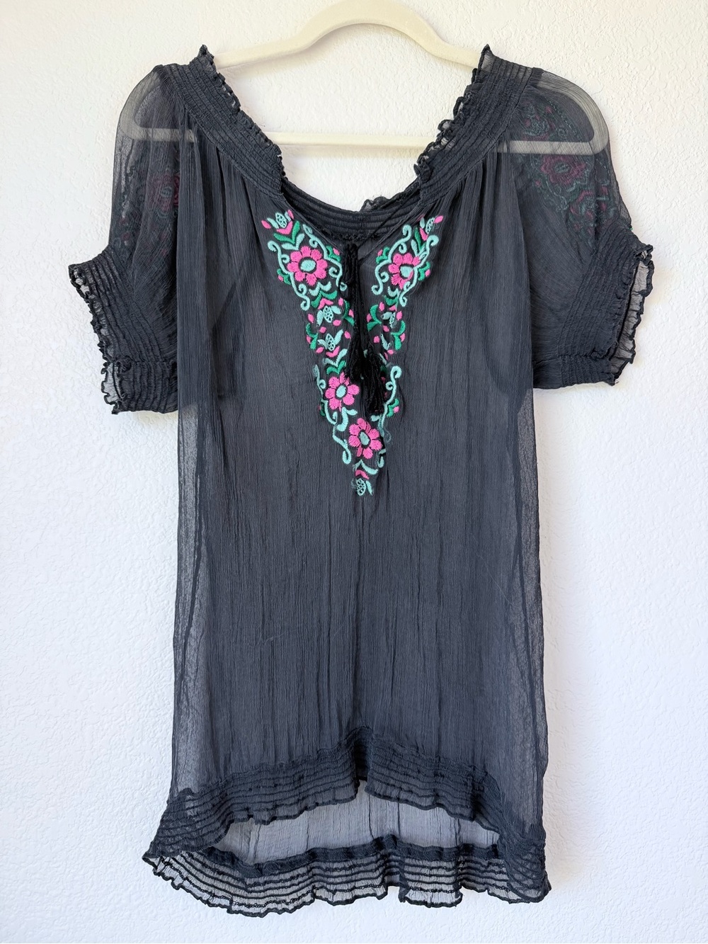 Black Silk Embroidered Sheer Boho Peasant Tunic Blouse Pink Floral No Size